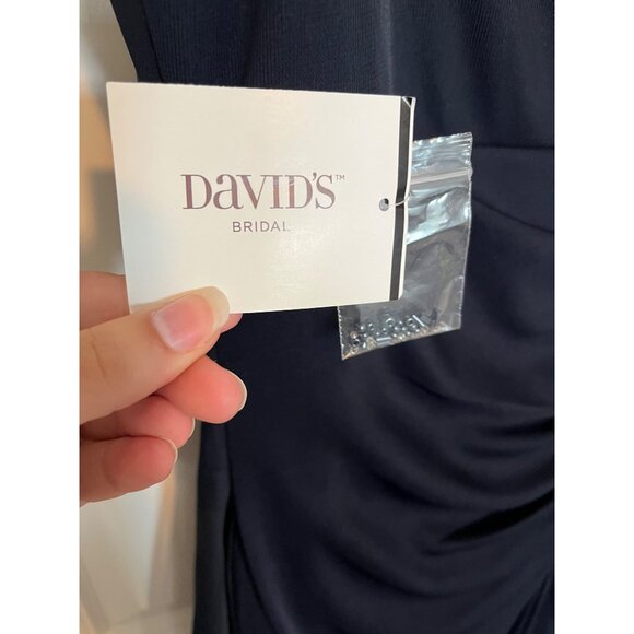 Xscape Cap-Sleeve Beaded Yoke Sheer Gown By Davids Bridal Sz 16 Ruched Navy NWT - Picture 7 of 12